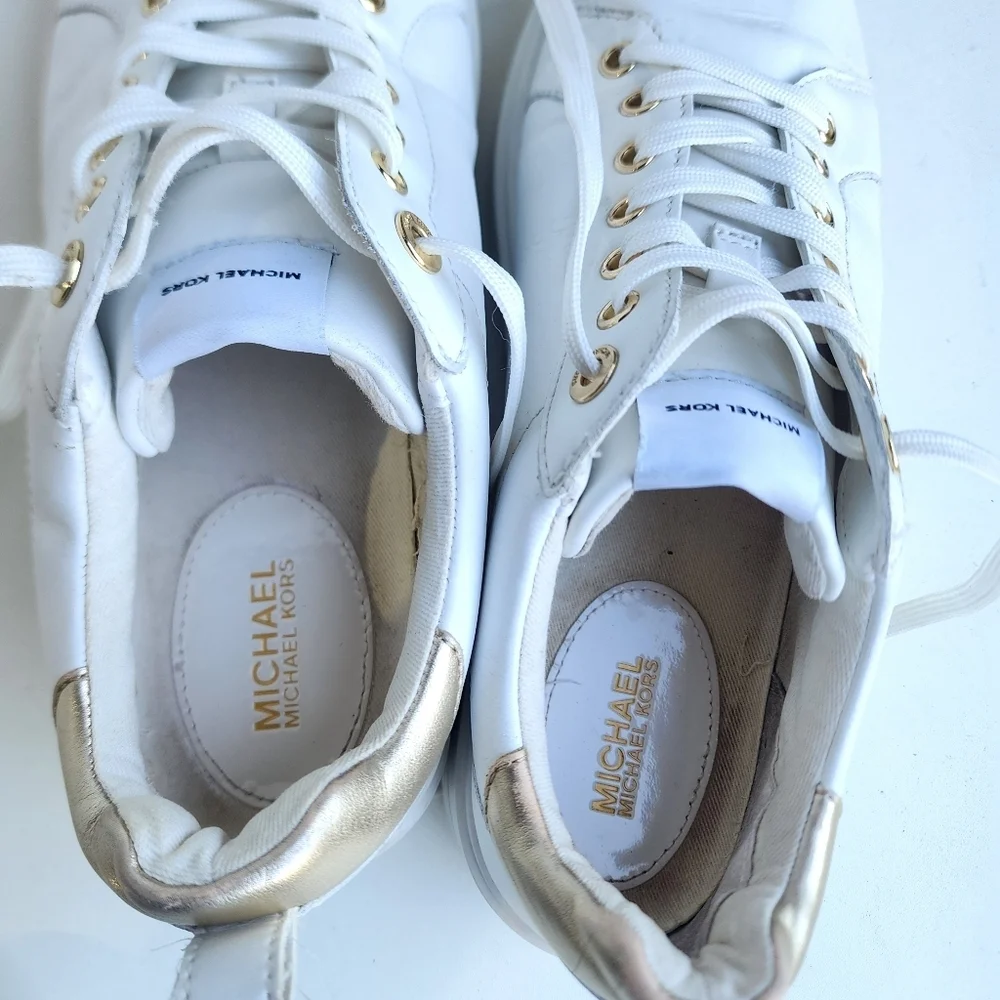MICHAEL MICHAEL KORS Emmett White Gold Leather Sneaker Lace Up Ft221 Sz 8 M
